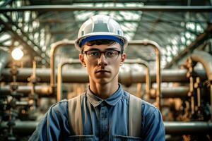 Puissance plante Jeune ouvrier à usine industrie , génératif ai . photo