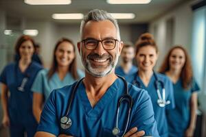 docteur Beau homme n hôpital réunion pour médical planification, la vie Assurance médicament ou traitement formation équipe ,génératif ai. photo