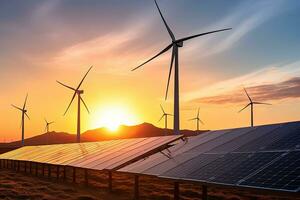 solaire panneaux et vent turbines à coucher de soleil.écologique renouvelable énergie concept. génération photo