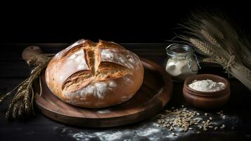 fait maison bonté. pain, farine, et blé sur une foncé en bois planche. génératif ai photo