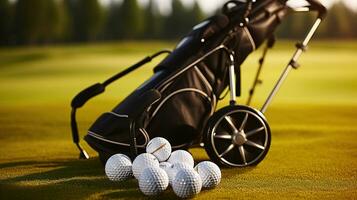 le golf clubs et des balles attendre sur le légumes verts. génératif ai photo