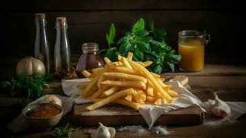 rustique élégance. à la perfection arrangé français frites avec une toucher de assaisonnement. génératif ai photo