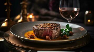 un extravagant steak plat présenté avec luxe. génératif ai photo