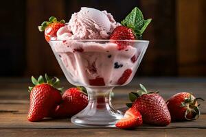 bol de fraise la glace crème avec une cuillerée de la glace crème sur haut, génératif ai photo