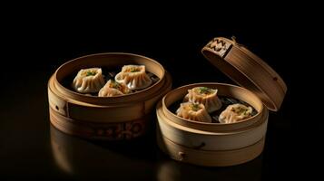 bambou récipient avec chinois Dumplings génératif ai photo