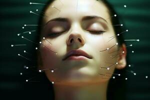 Jeune femme acupuncture visage fermer. produire ai photo