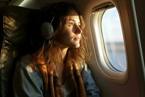 femme passager avion fenêtre voir. produire ai photo