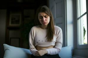 Jeune femme ayant abdominal douleur. produire ai photo