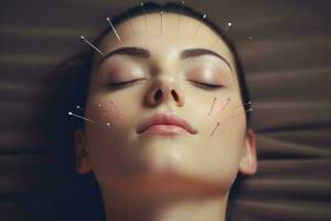 Jeune femme acupuncture visage peau. produire ai photo