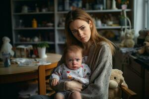 déprimé Jeune femme avec mignonne bébé. produire ai photo