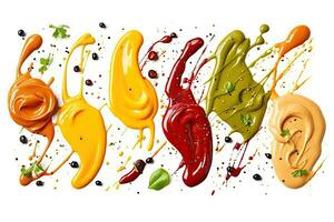 sélection de sauces avec différent couleurs sur une blanc, génératif ai photo