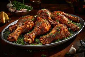 épicé poulet pilons avec herbes recette de manière complexe détaillé, ai généré photo