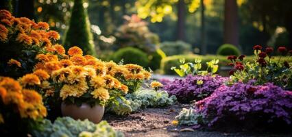 une magnifique jardin et le coloré fleurs, dans le style de foncé Jaune et lumière émeraude photo