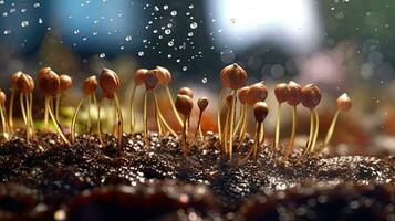 germination des graines de légume sur le Terre en dessous de neige dans hiver, ai généré photo