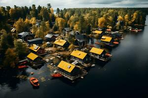 huttes sur le Lac côté - bateaux dans le Lac - génératif ai photo