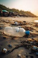 Plastique bouteille fermer sur sablonneux rive de mer ou océan la pollution de mer ou océan avec Plastique déchets écologique catastrophe génératif ai photo