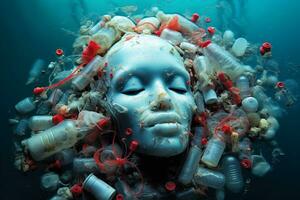 Plastique mannequin tête dans l'eau parmi lot de Plastique déchets la pollution de mer ou océan avec Plastique déchets écologique catastrophe génératif ai photo