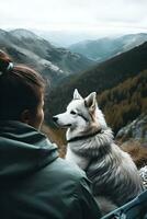 femme randonnée avec gris chien rauque dans montagnes dans l'automne animal de compagnie adoption en voyageant avec chien génératif ai photo