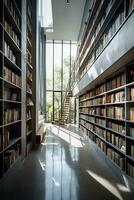 Publique grand bibliothèque avec moderne intérieur intérieur en train de lire livres et éducation génératif ai photo