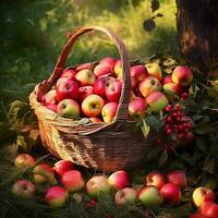 récolte de rouge pommes dans osier panier près Pomme arbre dans jardin génératif ai photo