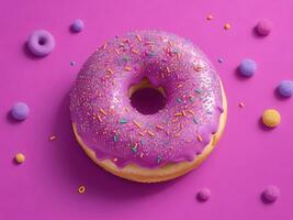 sucré violet Donut avec multicolore arrose sur une violet Contexte photo