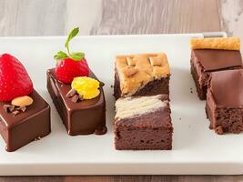 une assiette de desserts avec Chocolat sur une Coupe planche photo