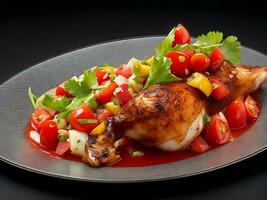 une assiette de poulet jambe avec tomate salade sur noir Contexte photo
