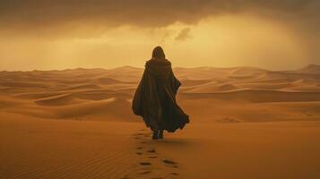 femme en marchant dans le désert avec le sable dunes photo