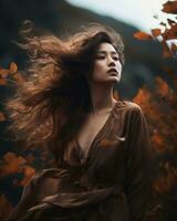magnifique Jeune femme avec en volant longue cheveux dans le l'automne forêt. photo
