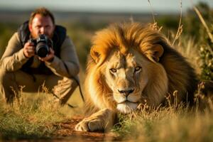 Masculin photographe prise image de Lion photo