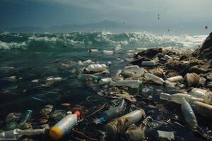 Plastique déchets sur le mer. la pollution de environnement concept. photo