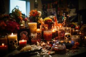 Halloween encore la vie avec crânes, bougies, fleurs et chandeliers photo
