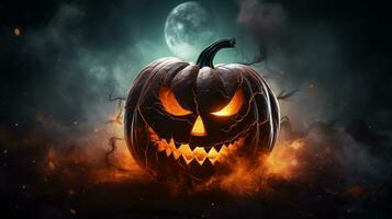 sombre Halloween Contexte avec effrayant citrouilles, effrayant Halloween hanté manoir. photo