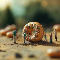 social les structures Donut avec guimauves et minuscule personnes, ai généré photo