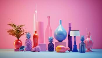 ai génératif 3d coloré moderne conception vase, des lunettes et flamant pour décoration sur rose Contexte brillant et brillant photo