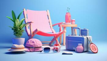 ai génératif 3d une objet pour été vacances rose chaise, Soleil lunettes, Voyage sac, vase, valise sur bleu Contexte photo