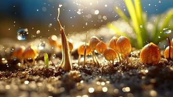 germination des graines de légume sur le Terre en dessous de neige dans hiver, ai généré photo