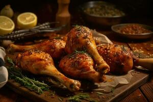 épicé poulet pilons avec herbes recette de manière complexe détaillé, ai généré photo