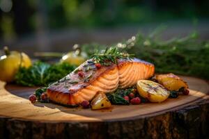 enfumé grillé cuit Saumon avec herbes génératif ai photo