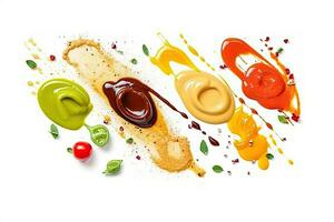 sélection de sauces avec différent couleurs sur une blanc, génératif ai photo