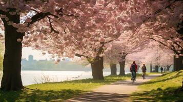 expansif printemps parc scène rempli avec épanouissement Cerise fleurs et soucieux de leur santé personnes ai génératif photo