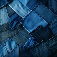 Créatif patchwork de denim textures dans divers nuances de bleu, idéal pour centré sur la jeunesse mode annonces ai génératif photo