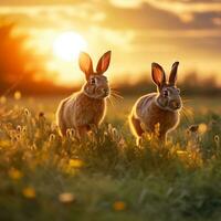 une famille de sauvage lapins profiter le heure d'or vue dans une herbeux champ ai génératif photo