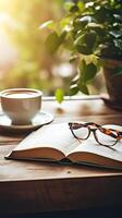 confortable Matin encore la vie avec une blanc café tasse, lunettes, et un ouvert livre sur une rustique en bois table ai génératif photo