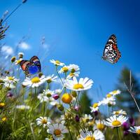 groupe de papillons flottant plus de une Prairie de fleurs sauvages en dessous de une sans nuages bleu ciel ai génératif photo