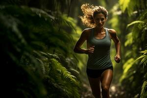 forêt sprint - capturer le coureur volonté au milieu de la nature ai génératif photo