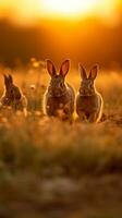 une famille de sauvage lapins profiter le heure d'or vue dans une herbeux champ ai génératif photo