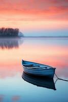 paisible Aube plus de une calme Lac avec une solitaire aviron bateau dans le distance ai génératif photo