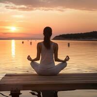 tranquille le coucher du soleil yoga - une bien-être et pleine conscience périple ai génératif photo