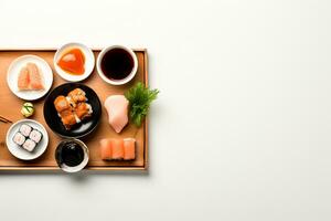Haut vue de une Facile asiatique repas ramen Dumplings et Sushi illustrant diverse les saveurs ai génératif photo